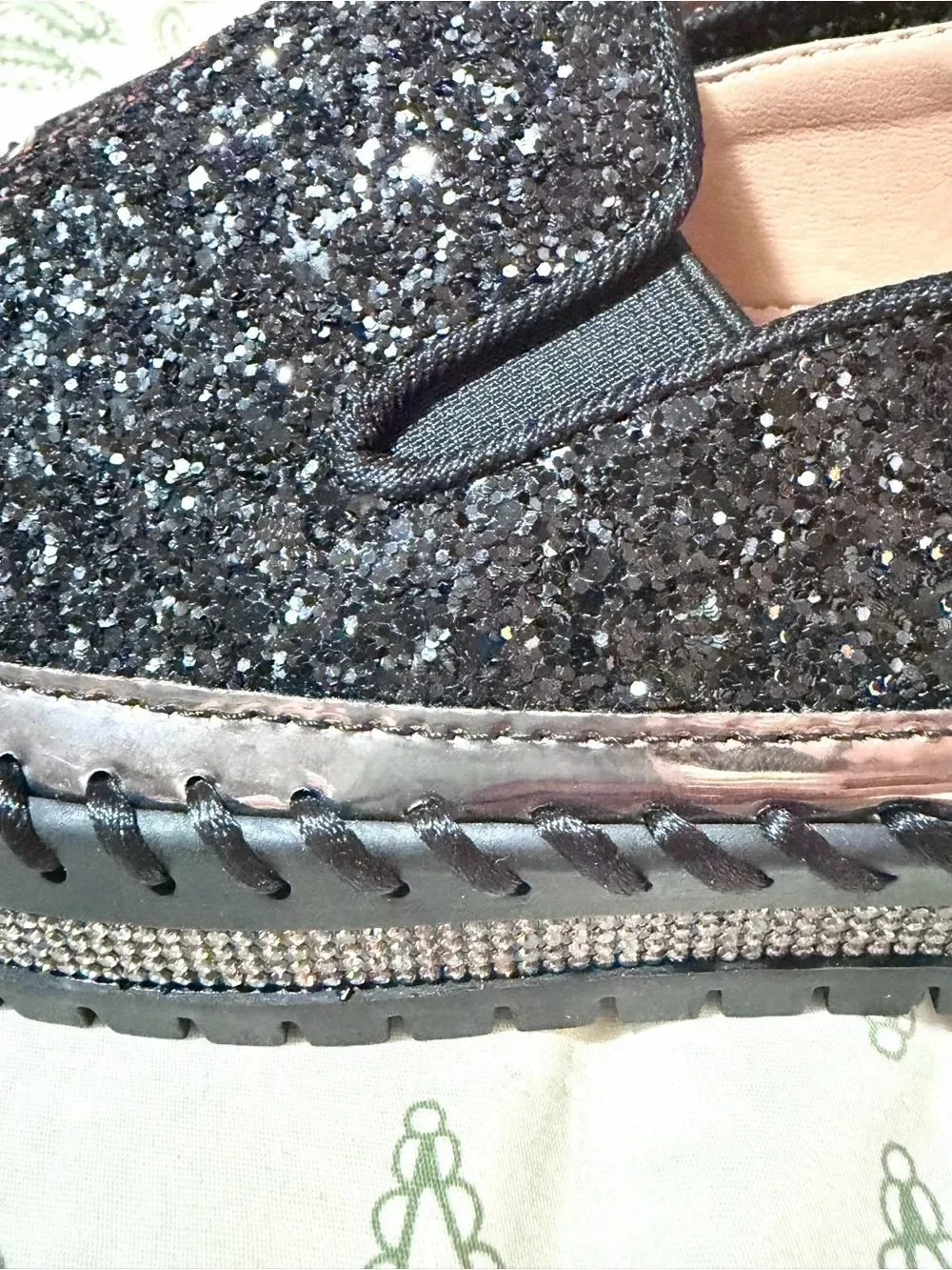 Novelty Sneakers Cushioned Black Glitter Loafers Silver Trim Slip-On 37 (6.5)